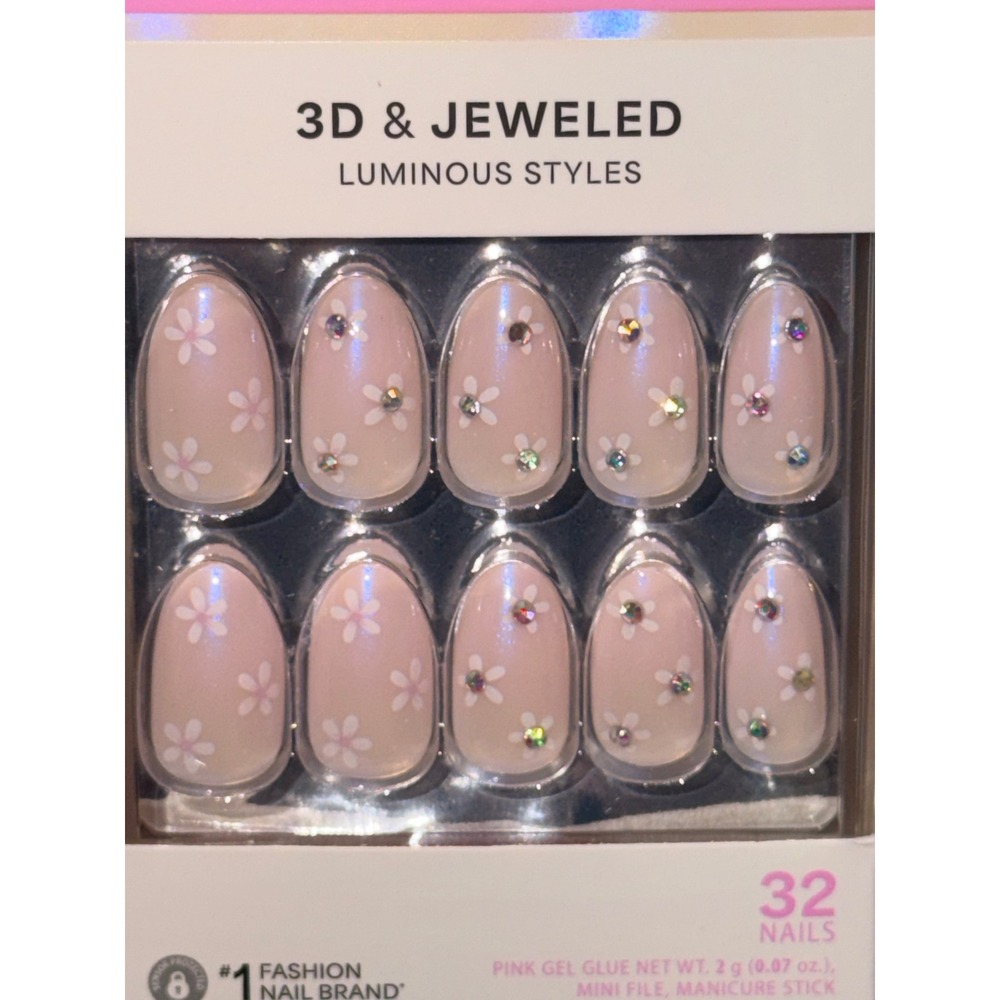 KISS Glam 3D & Jeweled Luminous Styles Pink Floral Almond Press-On Nails